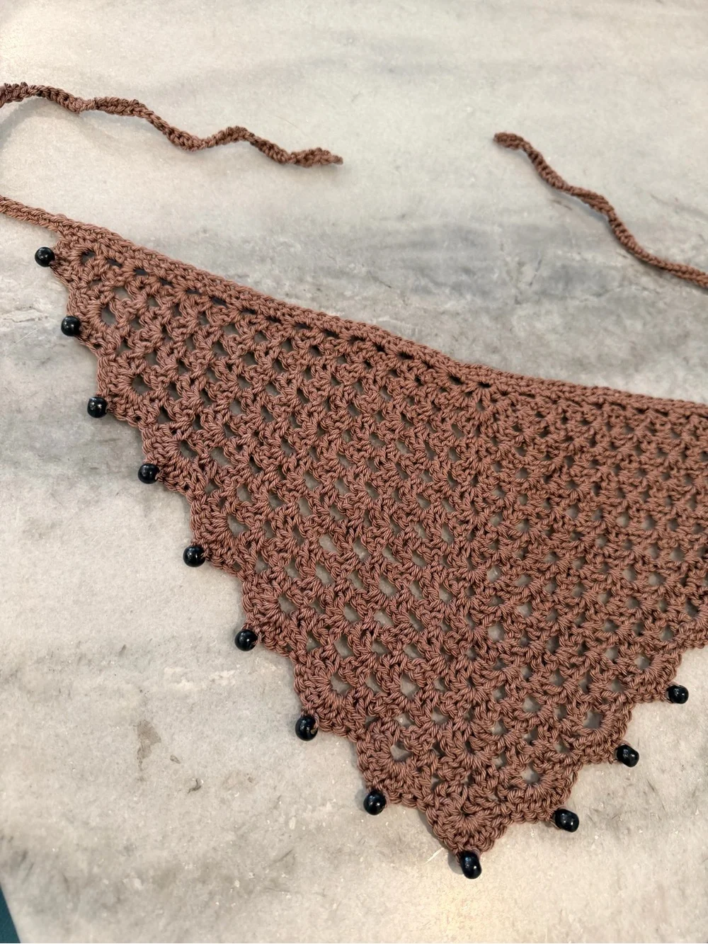 Handmade Crochet Wood Beaded Kerchief Head Scarf Cotton Boho Bandana Cottagecore